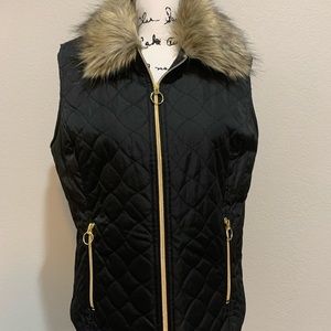 NWOT Christopher & Banks Black Quilted Vest Jacket with Faux Fur